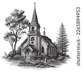 Hand Drawn Engraving Pen and Ink Church Vintage Vector Illustration