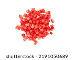 Sliced fresh raw red tomato, cubes, heap, isolated on white background, top view, close-up