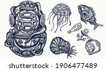 scuba diver helmet  jellyfish.... | Shutterstock .eps vector #1906477489