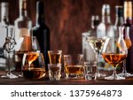 Strong Spirits Set. Hard alcoholic drinks in glasses in assortment: vodka, cognac, tequila, brandy and whiskey, grappa, liqueur, vermouth, tincture, rum. 