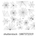 Halloween Cobweb and spiders. Spooky art element set. Webs of various shape and form hanging with crawling scary arachnid insects for decoration, vector illustrations isolated on white background