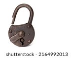 Small photo of Old rusty shackle-lock standing on white background with open metal shackle and lock guard on white background