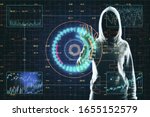 Hacker using on glowing stock chart on dark background.  Hacking and cyber attack concept.