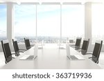 Modern conference room with furniture, laptops, big windows and city view 3D Render