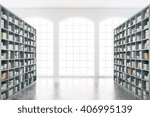 Library interior design with massive bookshelves and concrete floor. 3D Rendering