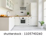 Silver cooker hood in minimal white kitchen interior with plant on wooden countertop. Real photo
