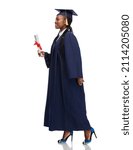 Small photo of education, graduation and people concept - happy graduate student woman in mortarboard and bachelor gown walking with diploma over white background