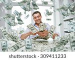 business, people, success and fortune concept - happy businessman with heap of dollar money at office