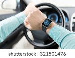 transport, business trip, technology, time and people concept - close up of man with wristwatch or smart watch driving car