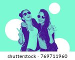 people, friendship and fashion concept - happy laughing teenage girls in sunglasses having fun and showing peace hand sign, trendy duotone effect