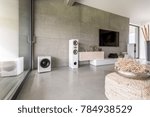 Flowers in gold vase on braided pouf in stylish living room with loudspeakers against concrete wall