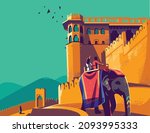 Tourists enjoy an elephant ride at Amer Fort Jaipur Rajasthan. Amer Fort (Amber Fort) is a fort located in Amer, Rajasthan, India.