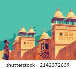 Vintage poster of Amer Fort (Amber Fort) in Rajasthan, famous monument of India . 