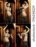 Small photo of Collage, set of beautiful korean in room. Fine hangup dress.