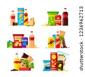 Snack product set, fast food snacks, drinks, nuts, chips, cracker, juice, sandwich isolated on white background. Flat illustration in vector