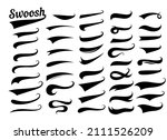 Swooshes text tails for baseball design. Sports swash underline shapes set in retro style. Swish typography font elements for athletics, baseball, football decoration. Black swirl vector line.