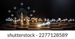 Small photo of King chess stand win with falling chess and icons concept of team player or business team and leadership strategy or strategic planning and human resources organization risk management.