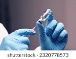 Small photo of Nurse hand in medical glove holding syringe covid-19 coronavirus vaccine liquid from bottle preparing injection coronavirus influenza vaccine vaccination concept.