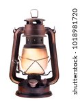 Small photo of Gas lantern with burning light, isolated on a white background. An antique vintage lamp. Hipster accessory. Camping light. Interior decoration. Rusty, covered with patina. Metal case, smoked frosted