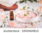 Essential oil for aromatherapy, flowers, handmade soap, himalayan salt