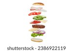 Small photo of Hamburger with separate parts. Isolated in white background. with ham, tomato, cheese, onion, sesame seeds, lettuce leaves. (Burger parts, Hamburger parts, Burger, Burgers, Hamburger, Hamburgers)
