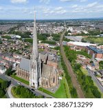 Small photo of Preston, Lancashire, UK, September 03, 2023; Aerial Panoramic View of the 94m High Spire of the Shrine Church of St. Walburge's, Preston, England, UK