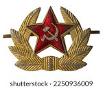 Small photo of Everyday cockade of the Soviet soldier of the 1969 model. It was fastened to the band of a military cap and earflaps with the help of a collet fastener. Isolated on white with clipping path
