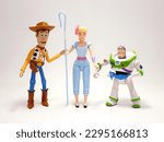 Small photo of Toy Story movie. Woody, Bo Peep and Buzz Lightyear. Pixar and Disney movie toys. Cowboy, shepherd and astronaut. Porcelain doll of a night lamp. . I will be your faithful friend. Isolated white.