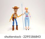 Small photo of Toy Story movie. Woody and Bo Peep. Pixar and Disney movie toys. Cowboy and shepherd of sheep. Porcelain doll of a night lamp. . I will be your faithful friend. Isolated white.
