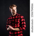 Small photo of Standards of manliness or masculinity. Handsome well groomed man. Manliness concept. Meaning of modern manliness. Barbershop and beauty salon. Hipster black background. Exhibit masculine traits.