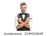 Small photo of happy man barber with razor blade and scissors in bow tie isolated on white background