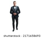 ambitious man bridegroom in rich tux bow isolated on white background. full lentgh
