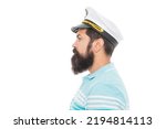 Small photo of Bearded man profile portrait. Serious man wearing captain hat. Man profile face with beard and moustache