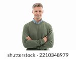 Small photo of happy mature grizzled guy with stubble isolated on white background. grizzled guy in sweater.
