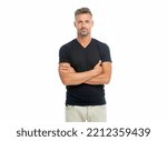 Small photo of mature grizzled man isolated on white background. grizzled man in casual tshirt.