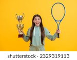 Small photo of surprised teen girl champion on the tennis court. sport champion girl of badminton. girl celebrating as tennis tournament champion. skilled tennis champion. teen girl badminton player