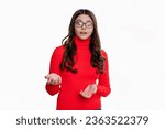 Small photo of teen girl look in eyewear. talking and gesturing. Teen girl look smart wear eyewear. eyewear to see better. Vision care for teen girls having bad eyesight. healthy eyesight for teen girls in eyewear