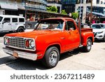Small photo of New York City, USA - May 12, 2023: Dodge Warlock classic pickup red retro car, side view
