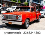 Small photo of New York City, USA - May 12, 2023: Dodge Warlock classic pickup red retro car, corner view
