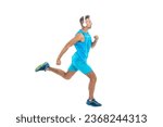 Small photo of sport jogger listen to music in earphones. The jogger ran at sport training isolated on white. In a morning sport workout jogger run in studio. The jogger stretched legs before running
