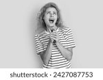 Small photo of woman singer isolated on yellow background. young singer woman sing in studio. woman singer