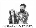 Small photo of Victory award. Praise and reward. Title and award. Miss little princess. Man put golden crown on head of child. Winner and prize. Premium award. Ceremony awarding. Giving all best to daughter