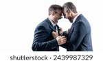 Small photo of businessmen having conflict fight in business. fighting between boss and employee. business fight. two businessmen fighting at rivalry isolated on white. banner