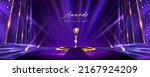 Golden Blue Purple Award Background. Jubilee Night Decorative Invitation. Trophy on Stage platform with spotlight. Wedding Entertainment Hollywood Bollywood Night. Elegant Luxury Steps Floor.