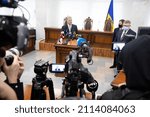 Small photo of KYIV, UKRAINE - Jan. 28, 2022: Fifth president of Ukraine, Petro Poroshenko in the appellate court of the city of Kiev on a fabricated case of high treason.