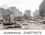 Small photo of KYIV, UKRAINE - Mar. 29, 2022: War in Ukraine. Shopping center that was damaged by shelling on 21 March by a Russian attack in Kyiv, where according to emergency service, at least six people died
