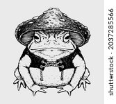 Vintage vector illustration of a toad and mushroom witch Tattoo style Witchcraft gothic Halloween occult voodoo vector illustration Magic frog toad Black and white drawing of mystical animal sketch