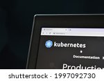 Small photo of Dusseldorf, Germany - June 25 2021: Kubernetes logo displayed on a computer with cursor pointing to it. Kubernetes is a container orchestration tool used for automation, scaling and monitoring