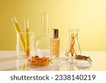 A serum bottle unbranded displayed on yellow background with some lab equipment containing cordyceps and essence. Space for design packaging. Front view, concept for rare chinese herbs