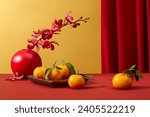 Small photo of Tangerines displayed on wooden dish and a flower pot decorated on red surface. During Chinese New Year, red is said to symbolize luck and happiness